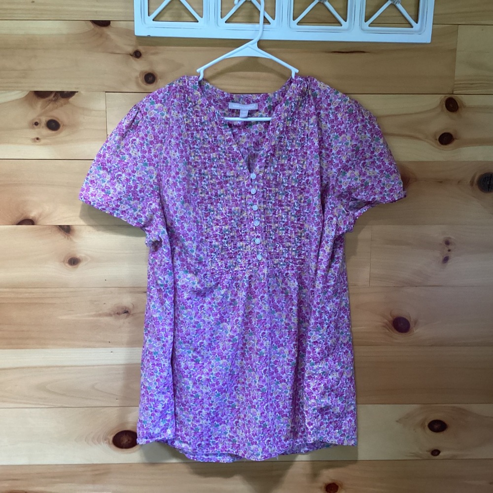 Woman Within Pink Floral Pintuck Cotton Blouse Short Sleeve Top Plus Size 18/20